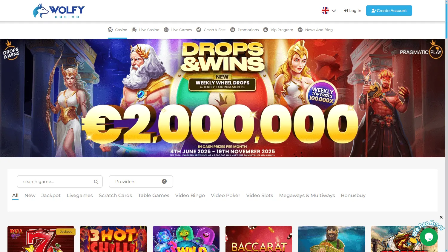 Wolfy Casino desktop games area with pokies and casino game choices