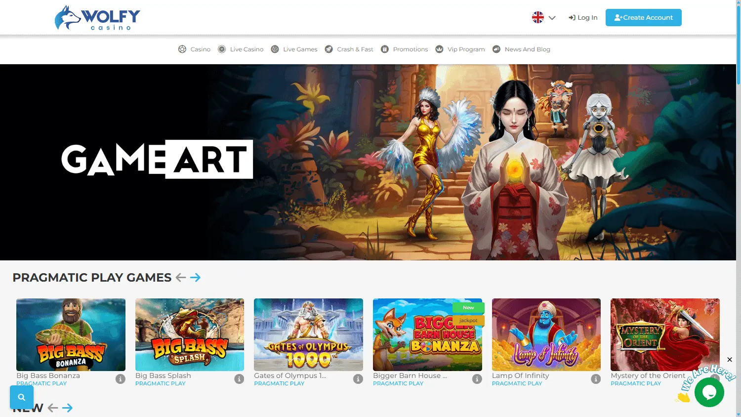 Wolfy Casino desktop home screen with casino and sports betting access