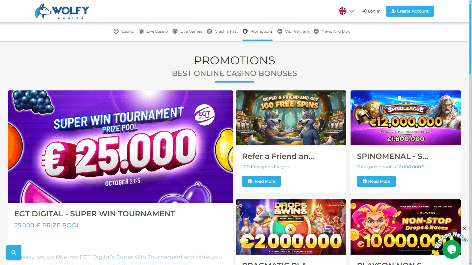 Wolfy Casino desktop promotions area with welcome and deposit offers