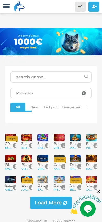 Wolfy Casino mobile games area with casino titles on a smartphone
